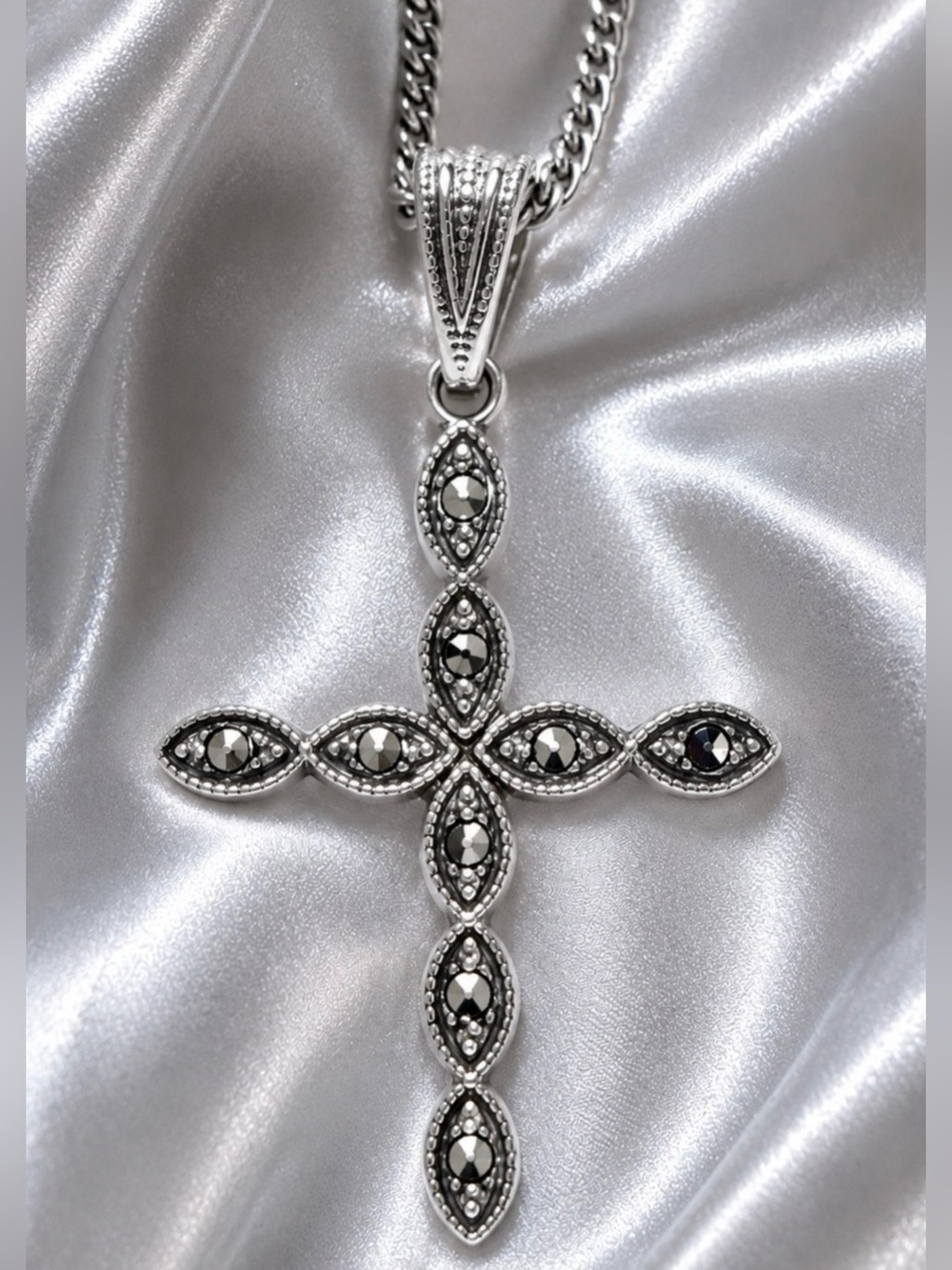 Vintage Sterling Silver Marcasite Cross Pendant Necklace Art Deco Style